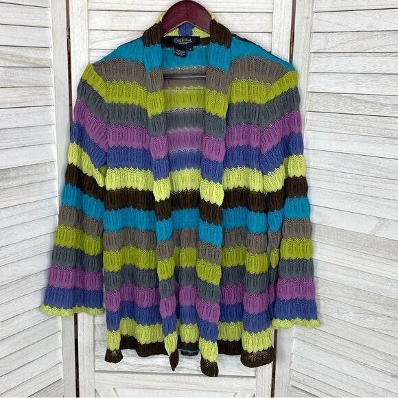 Peck & Peck Striped Crochet Open Front Cardigan Sweater  6 Gray Multi - Picture 6 of 12